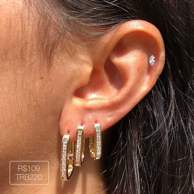 Trio de Argola Quadrada Carré Cristal Dourada